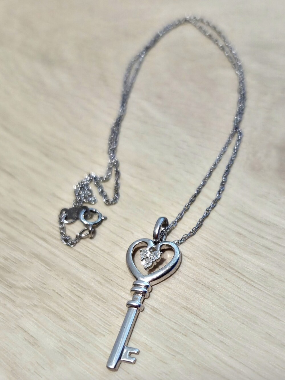 Sterling Silver 925 Key Heart Pendant Necklace With Three Natural Diamons